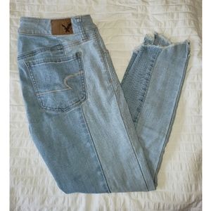 Cropped Two-Toned Jeans with Frayed Edge
